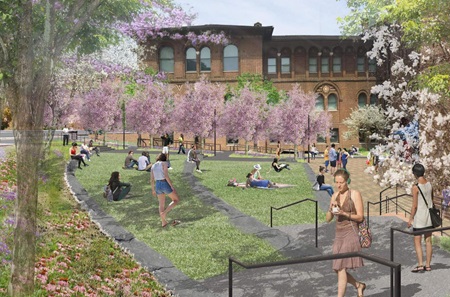 A design rendering shows people lounging, relaxing, and socializing in an outdoor space between the Pavilion and the Penn Museum. The space resembles an ampitheter with wide stone steps covered in grass. Native plants and trees are around the periphery.